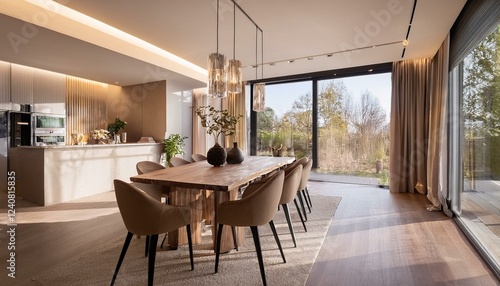 modern dining area with elegant decor and natural light streaming in generative ai