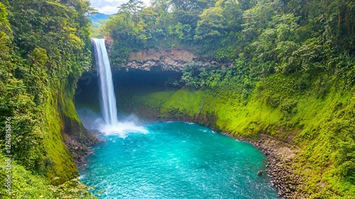 Lush rainforest waterfall, turquoise pool, Costa Rica, travel brochure