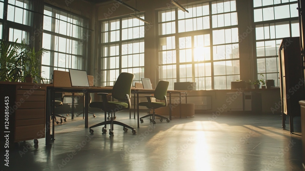 Fototapeta premium Modern minimalist office or public area with empty desks and chairs, large windows, and ample copy space, symbolizing workspace demand and professional environment.