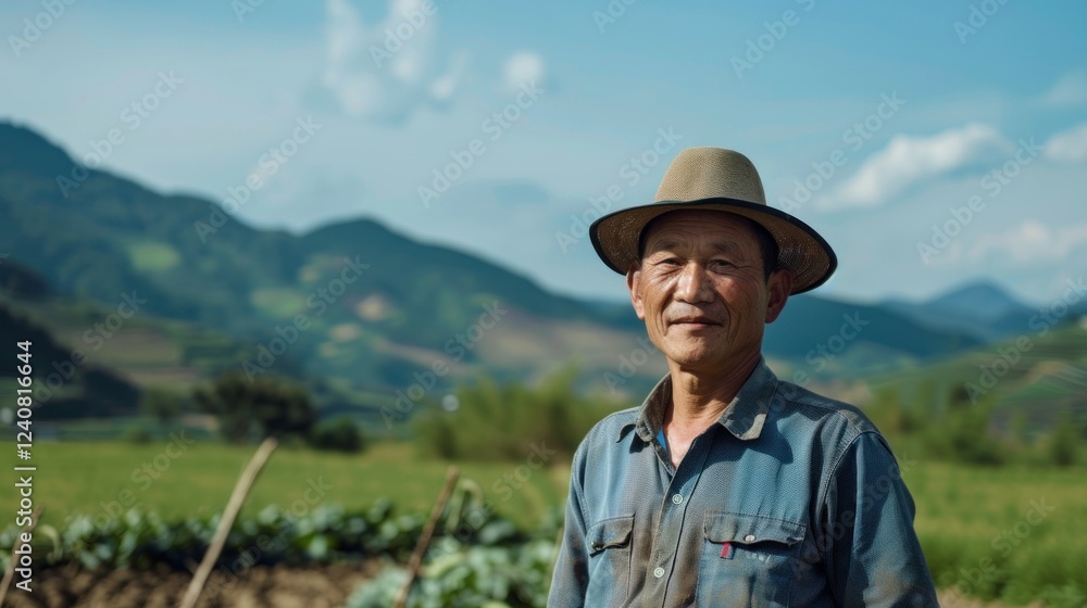 An Asian farmer with a hat standing on a farm with mountains in the background. An Asian farmer with a hat standing on a farm with mountains in the background.
