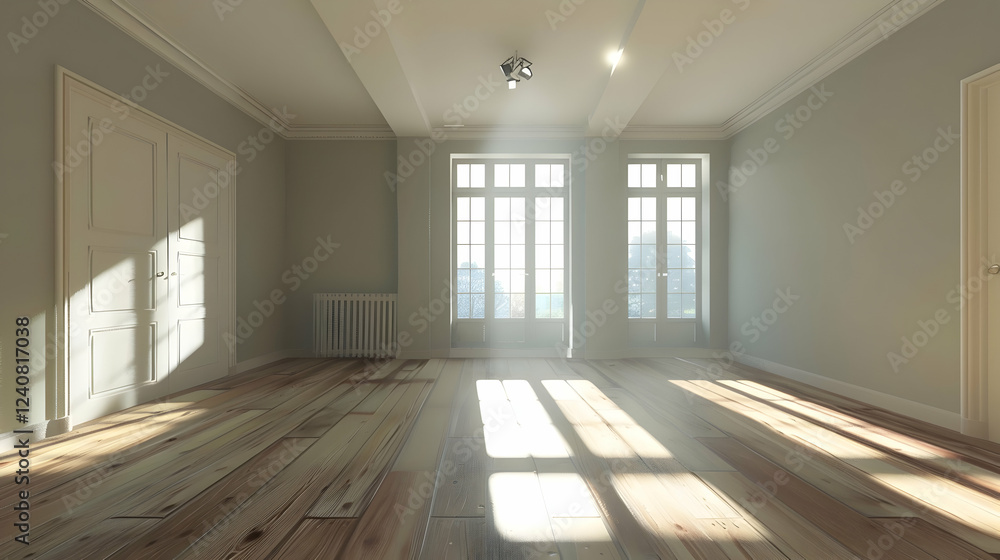 Obraz premium Bright, empty room with wooden floors and sunlight streaming through large windows, creating a serene atmosphere