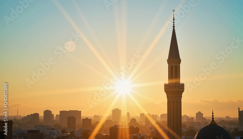 Modern minaret silhouette at sunrise, capturing Ramadan essence