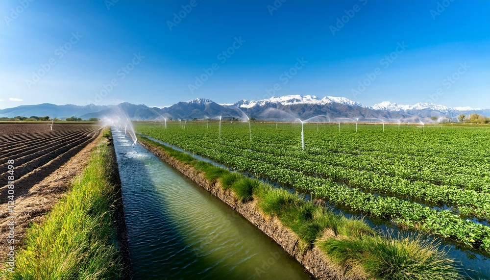 Obraz premium water flows through irrigation canals in a cultivated field nourishing rows of vibrant green crops under a clear blue sky with a majestic mountain range in the background