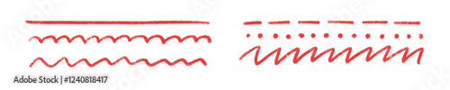 Red crayon underline collection - straight lines, waves, dots, rough strokes in marker texture. Hand drawn scribble elements for text highlight, border decoration or grunge emphasis.