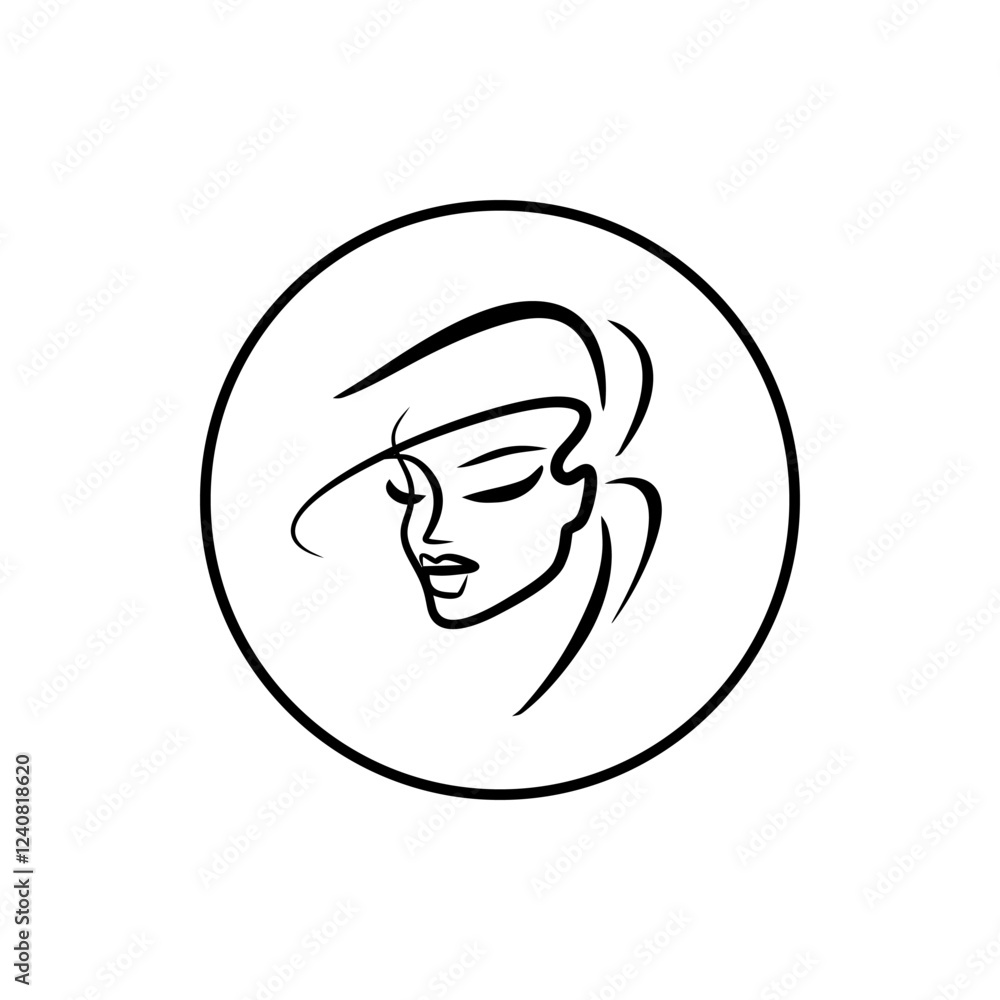Logo beautiful girl for beauty salon. Icon in a circle black and white color drawn by hand. Face of a beautiful woman with stylish hairdo. Logo beautiful girl for beauty salon. Icon in a circle black and white color drawn by hand. Face of a beautiful woman with stylish hairdo.