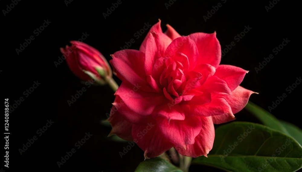 Fototapeta premium close up of red brazilian jasmine flower, black background, copy space