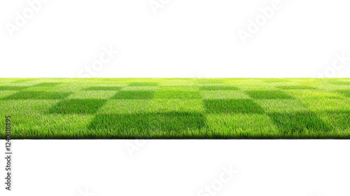 Lush green grass in a checkerboard pattern on a smooth landscape with transparent background for design