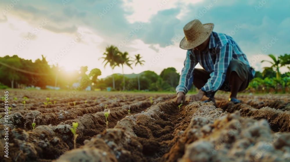 Fototapeta premium A farmer planting seeds in rows of fertile soil in the field.
