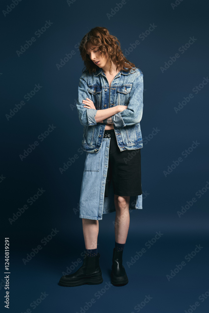 Handsome young man showcasing unique denim fashion in a chic urban setting Handsome young man showcasing unique denim fashion in a chic urban setting