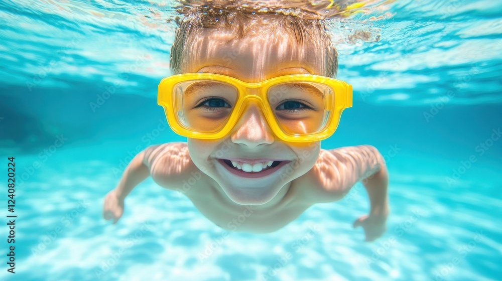 Naklejka premium Happy Child Playing Underwater in a Pool