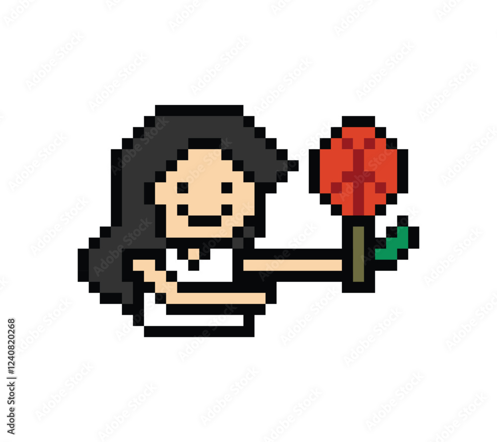 Fototapeta premium Cute pixel cartoon 8bit character woman give flower gift birthday surprise reward present decoration 8 bit female girl give gift flower valentines day game png vector.