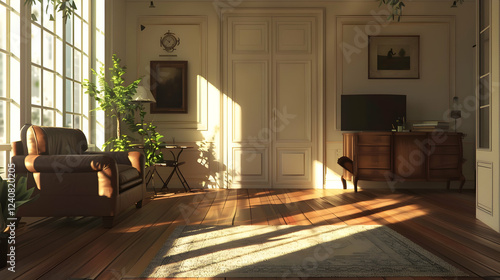 Sunlit living room with wooden floors, elegant furniture, and green plants creating a cozy atmosphere