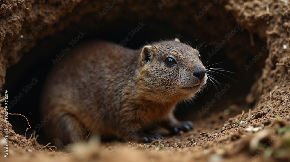 Ground-dwelling animal peeks out from burrow in natural habitat during early morning light Ground-dwelling animal peeks out from burrow in natural habitat during early morning light