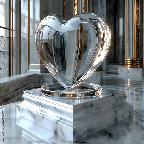 Elegant Crystal Heart Sculpture on Marble Pedestal in Grand Hall Generative AI
