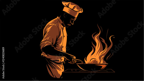 Illustration of a chef holding a frying pan. Frying pan on fire. Cooking flambé dish.