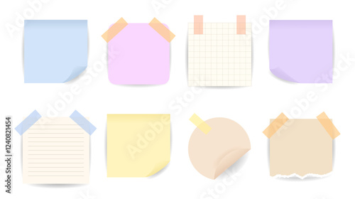 Stickers and Memo Note Set. A collection of various paper notes with tapes and curled corners, perfect for design projects, scrapbooking, presentations, and social media. Note message templates.