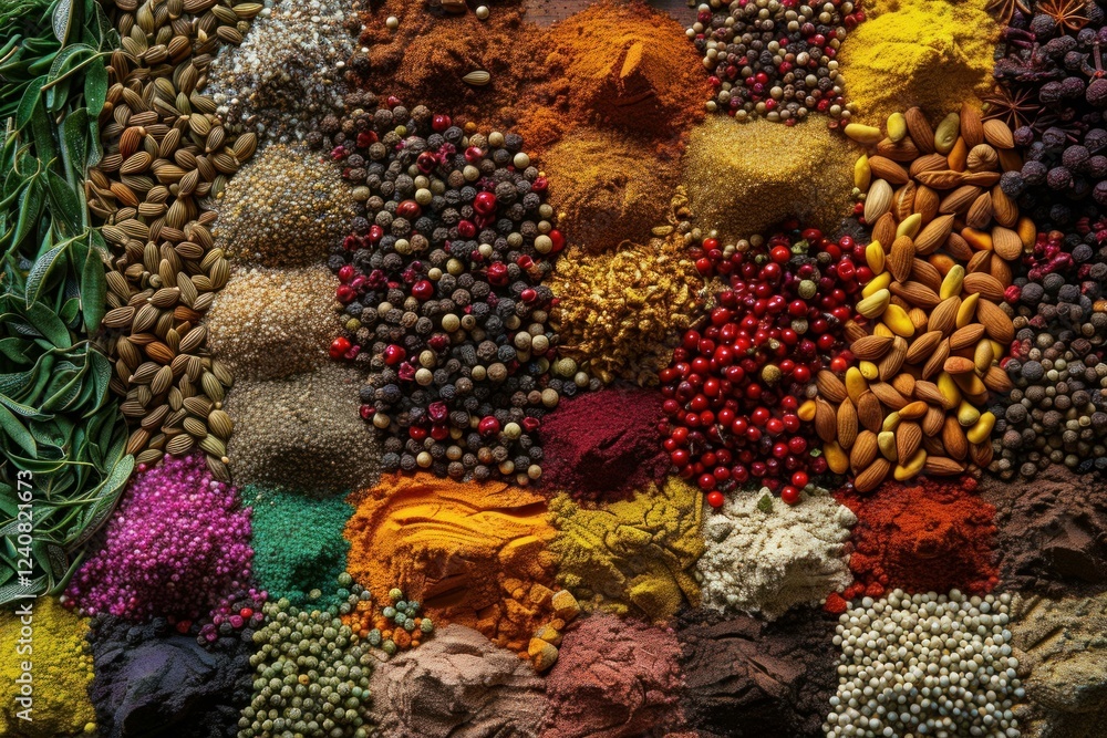 Fototapeta premium Rich variety of spices and herbs are displayed, showcasing a vibrant and colorful culinary scene