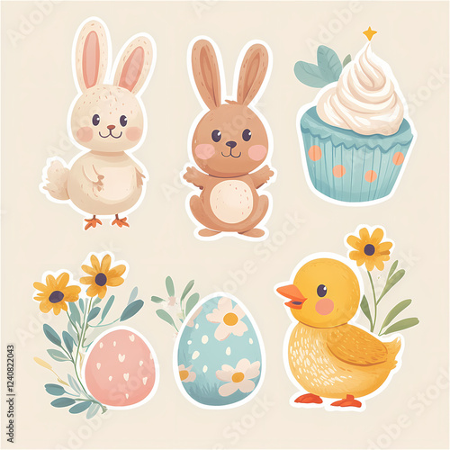 Cute cartoon bunnies, ducklings, and Easter decorations in pastel colors for spring celebration fun