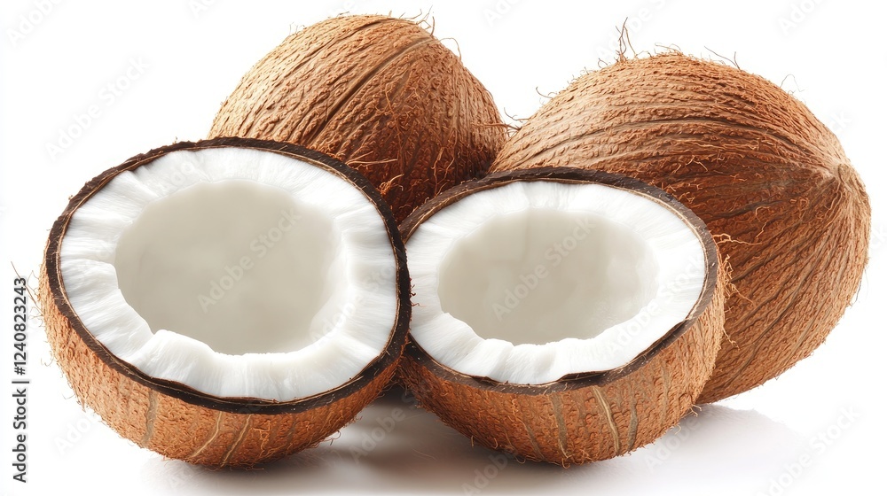 A composition of whole and halved coconuts highlighting tropical essence on a pristine white backdrop A composition of whole and halved coconuts highlighting tropical essence on a pristine white backdrop