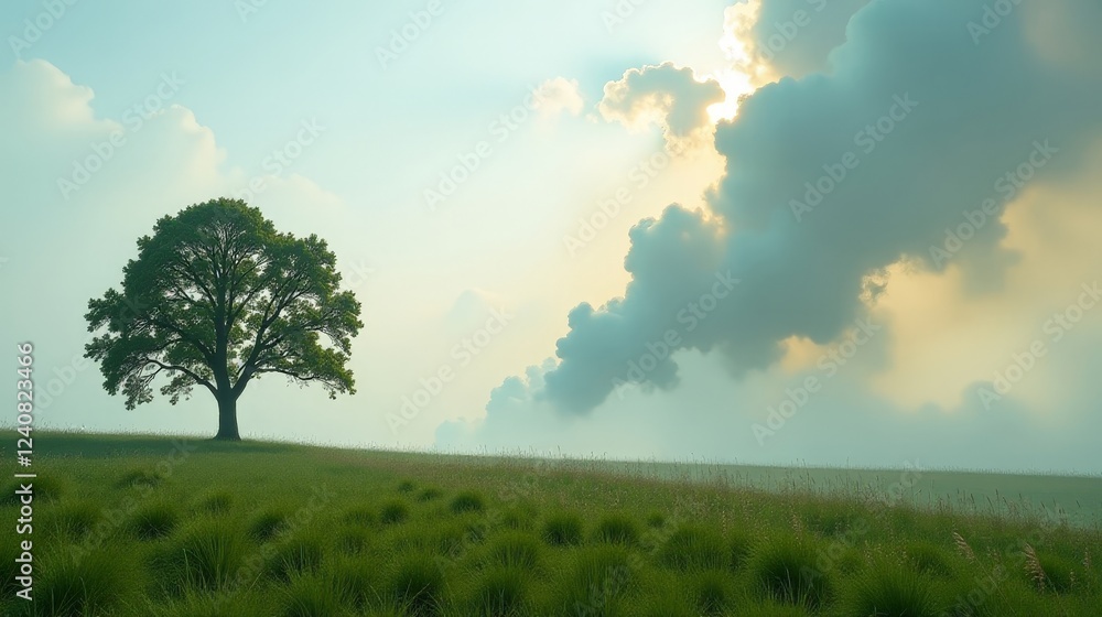 Obraz premium Pollution and Smog in the Sky Over a Serene Grass Field with a Lonely Tree