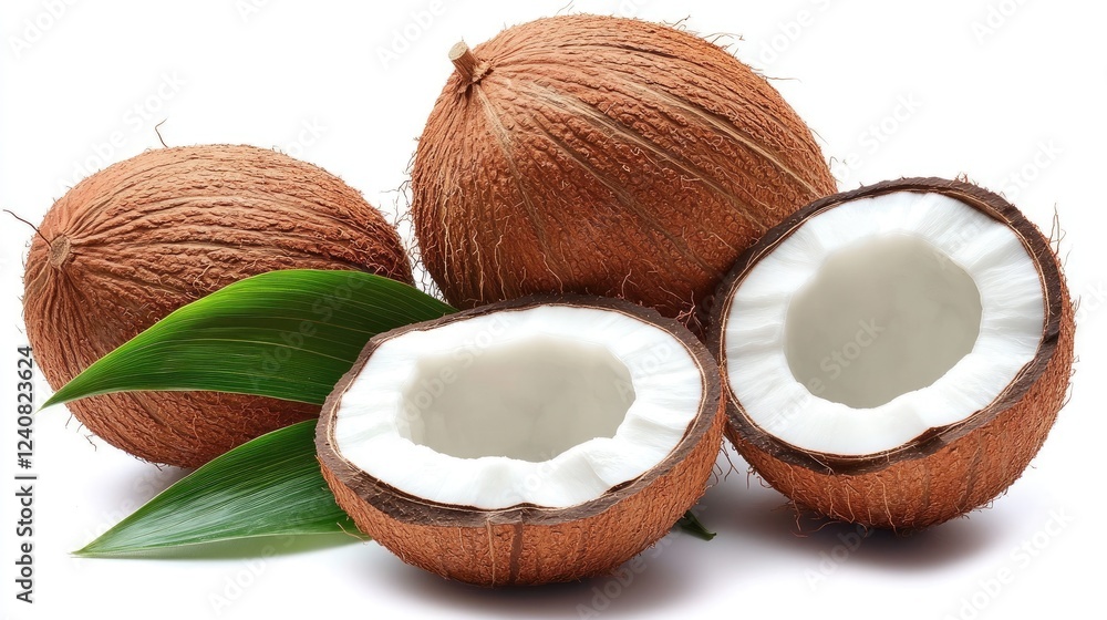 A display of fresh whole and halved coconuts arranged on a clean white background, highlighting tropical freshness A display of fresh whole and halved coconuts arranged on a clean white background, highlighting tropical freshness