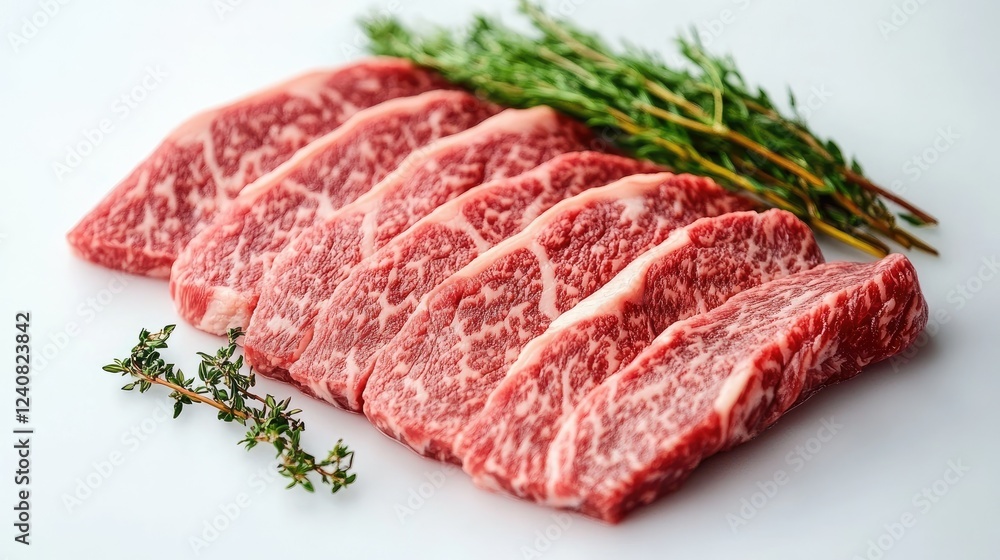 A refined presentation of marbled beef slices with fresh herbs, emphasizing natural quality and culinary excellence A refined presentation of marbled beef slices with fresh herbs, emphasizing natural quality and culinary excellence