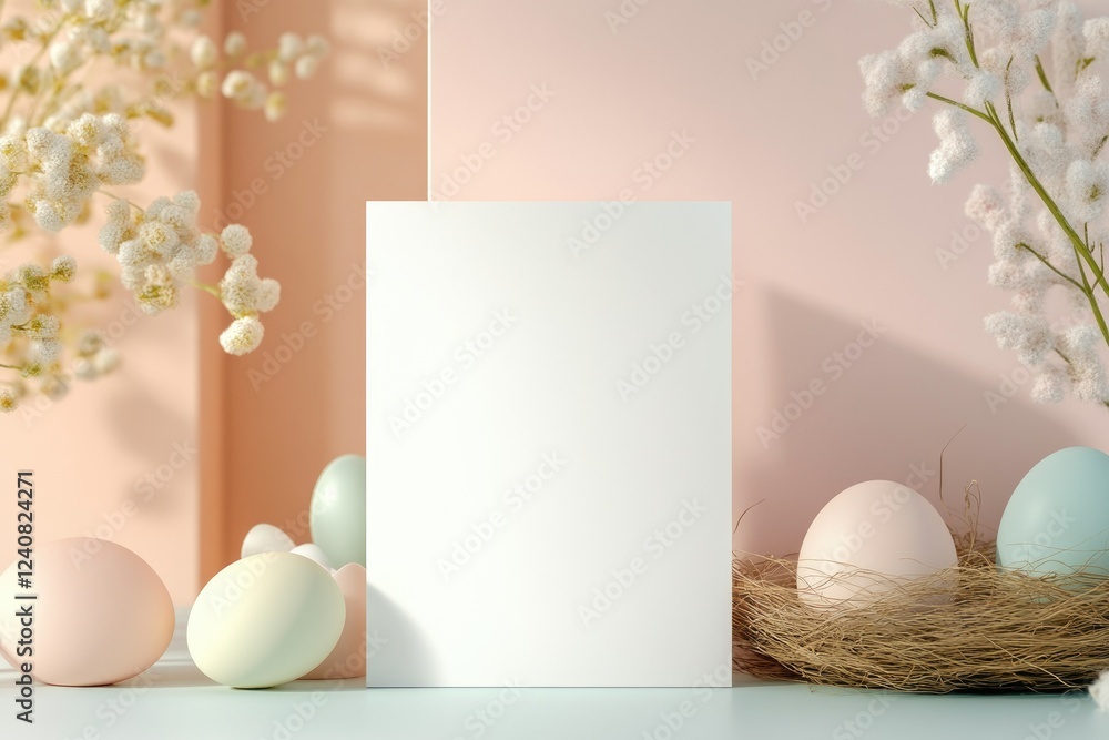 Fototapeta premium Blank greeting card mockup with easter eggs and spring flowers on pastel background for holiday design