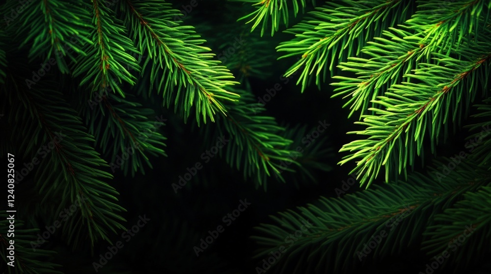 Lush Green Pine Needles with Soft Light Illuminating Between Branches in a Dark Background Creating a Serene Nature Atmosphere Lush Green Pine Needles with Soft Light Illuminating Between Branches in a Dark Background Creating a Serene Nature Atmosphere
