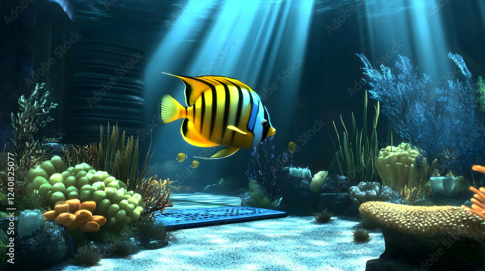 Fototapeta premium Striped Angelfish Swims in Vibrant Reef Ecosystem, Sunlight Beams Illuminate Underwater Scene Gracefully.