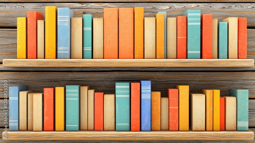Fototapeta premium Colorful Books on Wooden Shelves in Modern Library Setting