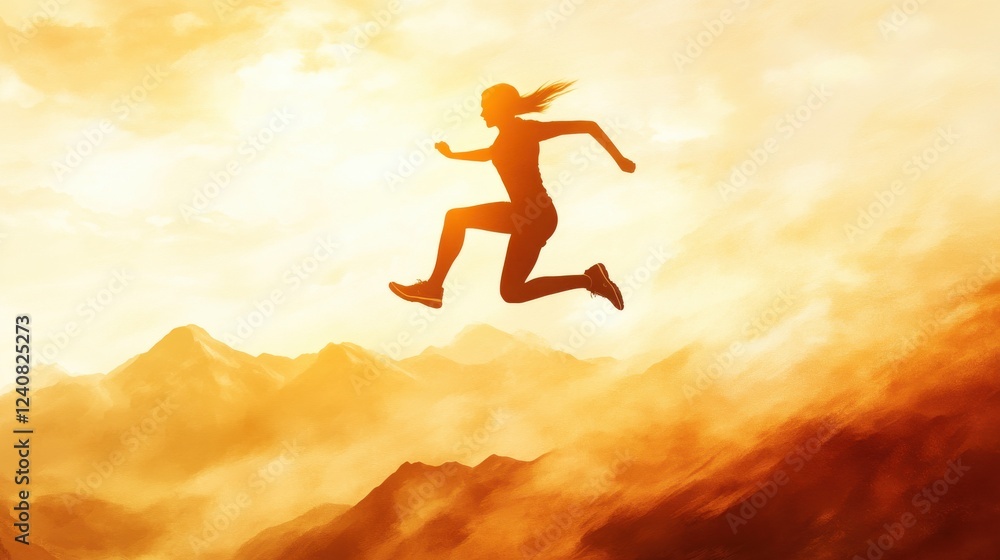 Runner Jumping Over Obstacles in Mountain Landscape Runner Jumping Over Obstacles in Mountain Landscape