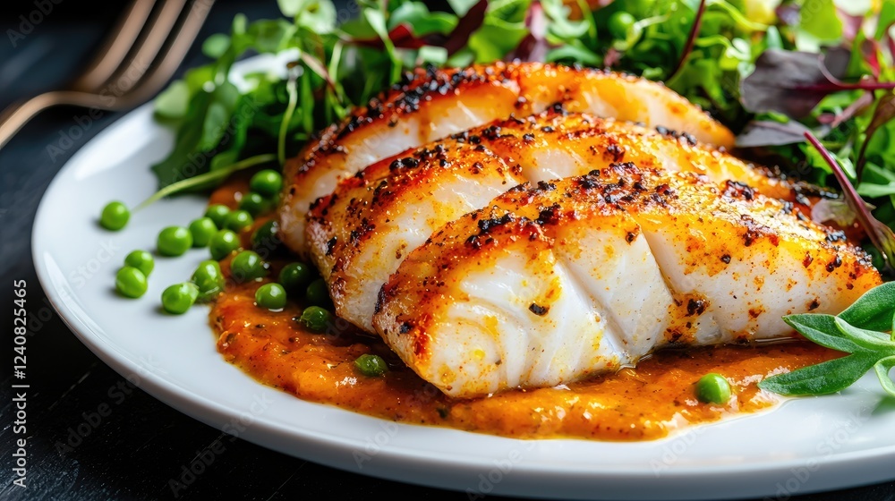 Grilled cod, pea puree, salad. Healthy dinner recipe Grilled cod, pea puree, salad. Healthy dinner recipe