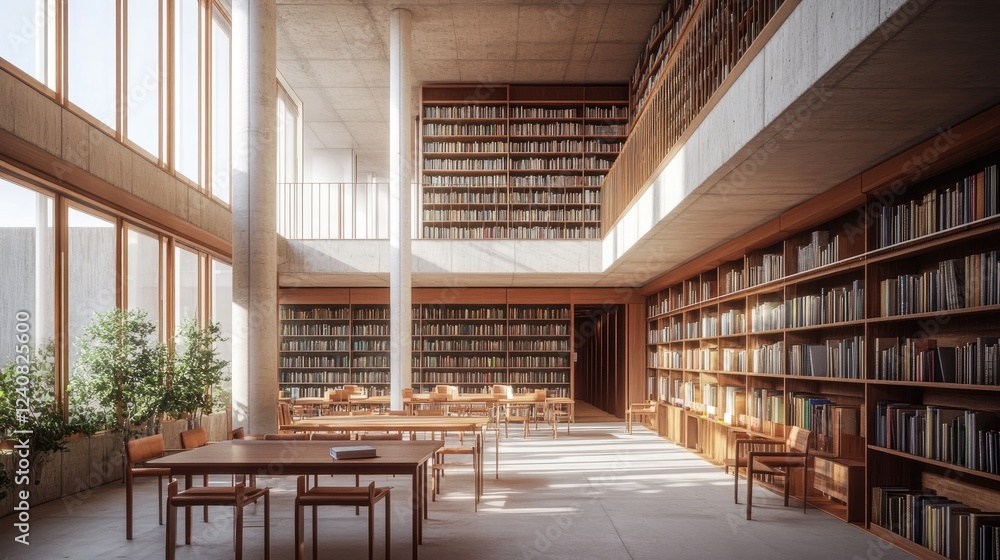 Fototapeta premium Bright and airy modern library with organized shelves, communal study tables, and private reading nooks