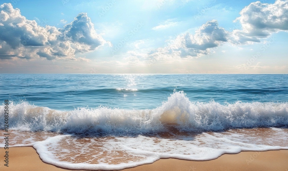 Fototapeta premium Ocean Waves Crashing on Sandy Shore Under a Sunny Sky
