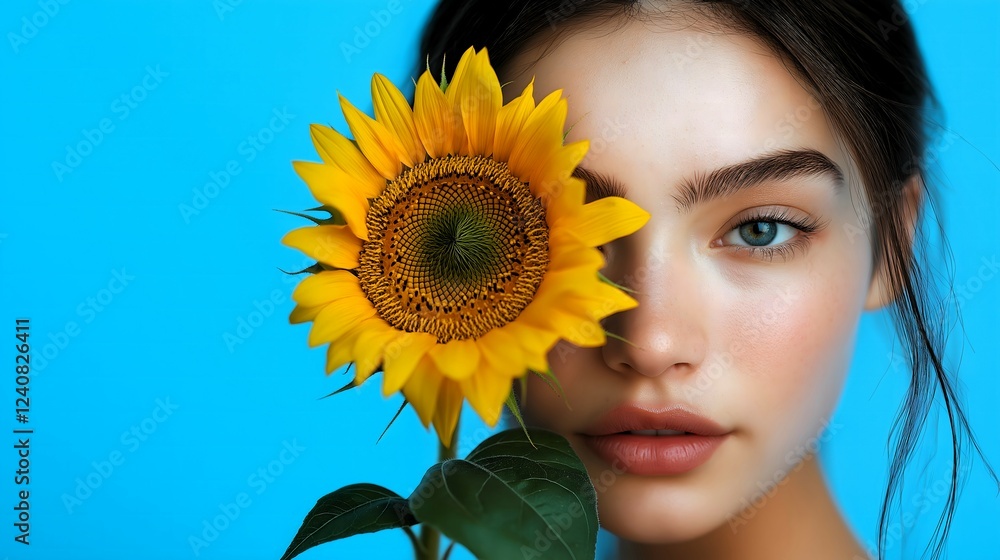 The blue-eyed, black hair model holding a sunflower over her right eye on a bright blue background on the right side. Spring, fresh, agriculture, copy space concept.