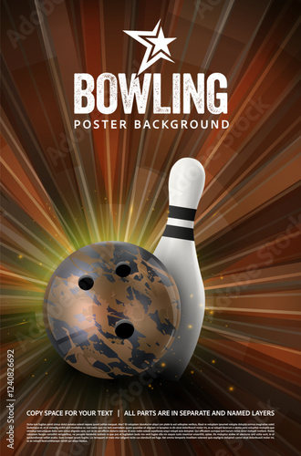 Dynamic bowling poster background with ball, skittle and copy space