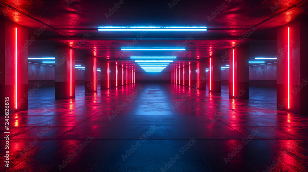 Red Neon Parking Garage Retro Shiny Tunnel, Modern Abstract Design. Red Neon Parking Garage Retro Shiny Tunnel, Modern Abstract Design.