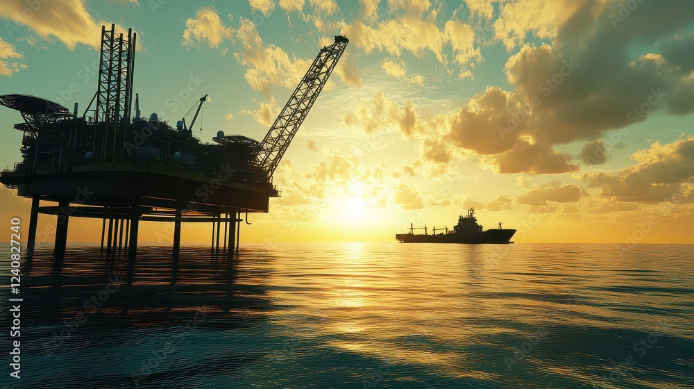Obraz premium Oil rig silhouetted against a vibrant sunset, with a distant ship on calm waters, evoking industry