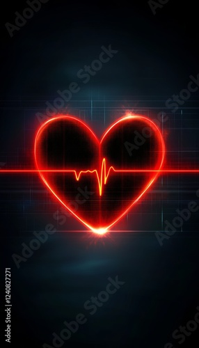 Neon Red Heartbeat Line on Dark Background. Abstract Illustration of Cardiology and Healthcare