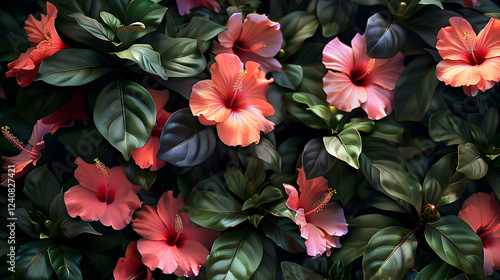 Wallpaper Mural Vibrant hibiscus flowers blooming amidst lush green foliage, creating a tropical ambiance Torontodigital.ca