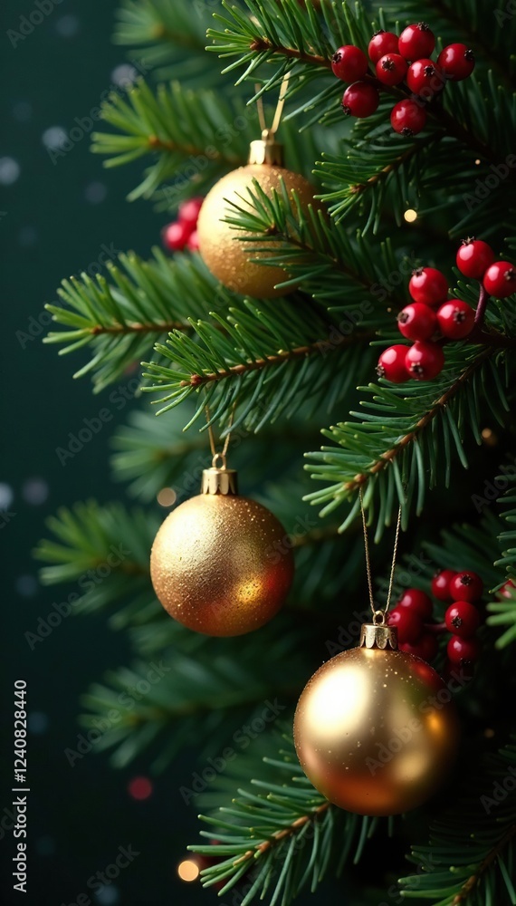 A fir branch adorned with golden ornaments, glass balls, and red berries, fir branch, golden ornaments A fir branch adorned with golden ornaments, glass balls, and red berries, fir branch, golden ornaments