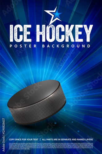 Dynamic ice hockey poster background with puck and copy space