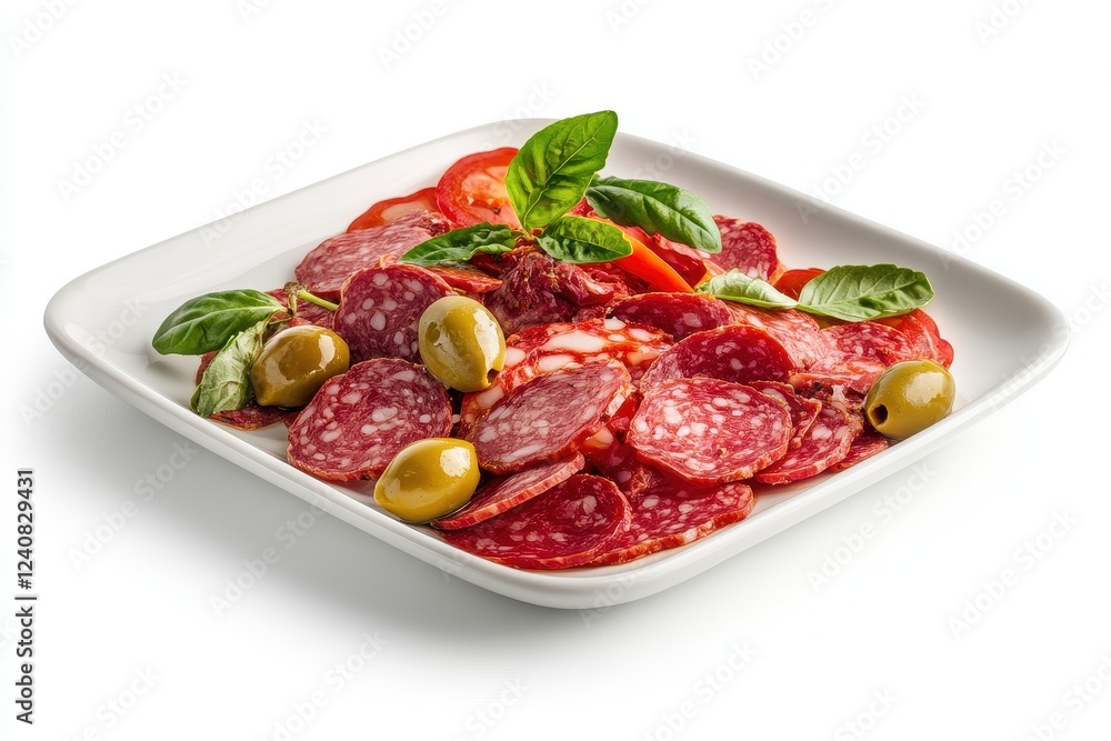 Assorted Meats with Green Olives and Fresh Basil on White Plate for Culinary Presentation Assorted Meats with Green Olives and Fresh Basil on White Plate for Culinary Presentation