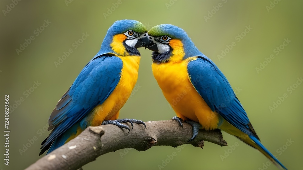 Two Vibrant Macaws Perched Together Sharing An Intimate Moment on a Branch