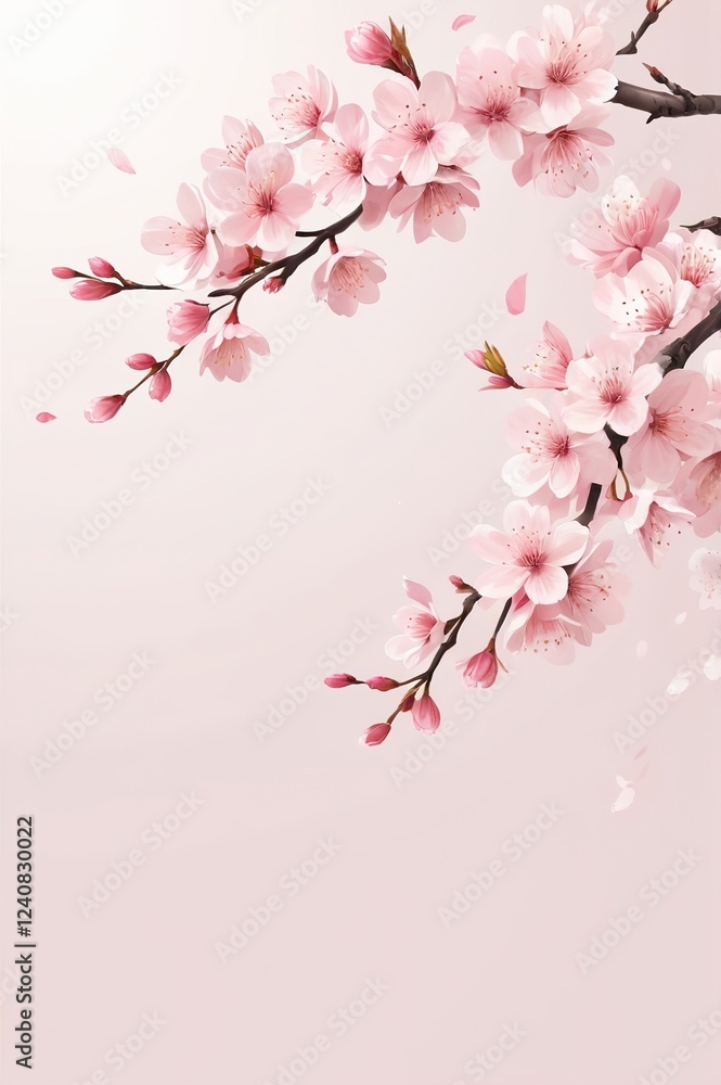 Fototapeta premium Elegant Hanami style design celebrating cherry blossom festival with delicate pink sakura flowers with empty space for text isolated on white background. Suitable for spring festivals, Japanese cultur