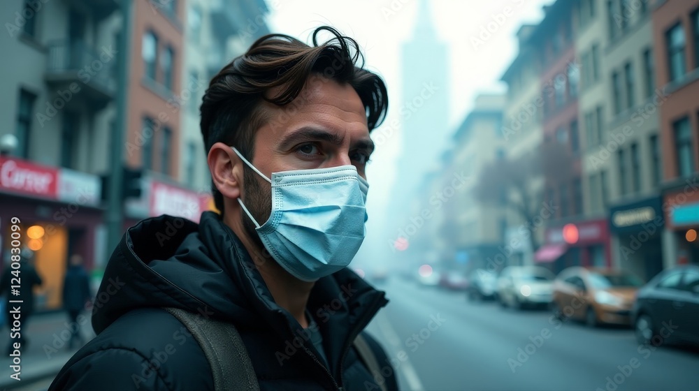 Man Wearing Face Mask in Polluted City Street Highlighting Air Quality Concerns Man Wearing Face Mask in Polluted City Street Highlighting Air Quality Concerns