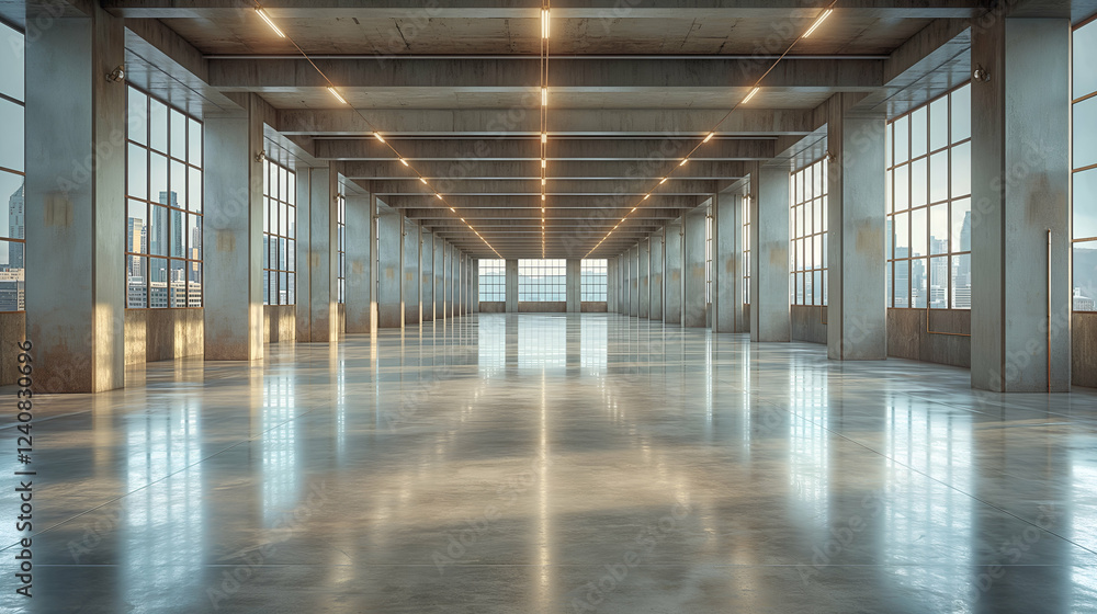 Modern Industrial Loft Polished Concrete Floor, Large Windows with City View. Modern Industrial Loft Polished Concrete Floor, Large Windows with City View.