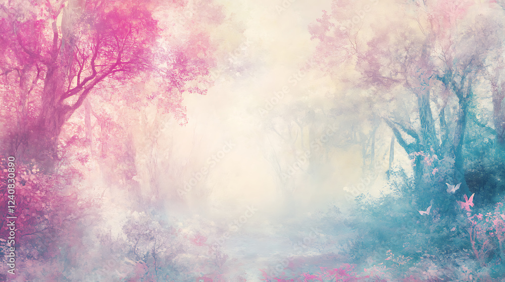 magical forest with tall, ancient trees glowing in soft pastel colors, ethereal mist swirling around magical forest with tall, ancient trees glowing in soft pastel colors, ethereal mist swirling around