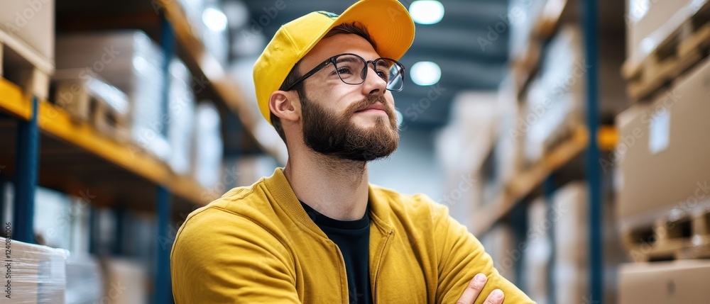A thoughtful man in a yellow cap and sweater stands confidently in a warehouse filled with stacked boxes. A thoughtful man in a yellow cap and sweater stands confidently in a warehouse filled with stacked boxes.