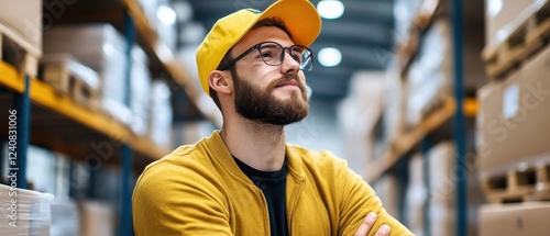 A thoughtful man in a yellow cap and sweater stands confidently in a warehouse filled with stacked boxes.